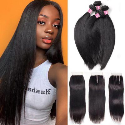 Brazilian Straight Hair 3 Bundles With Closure 10a Human Hair With