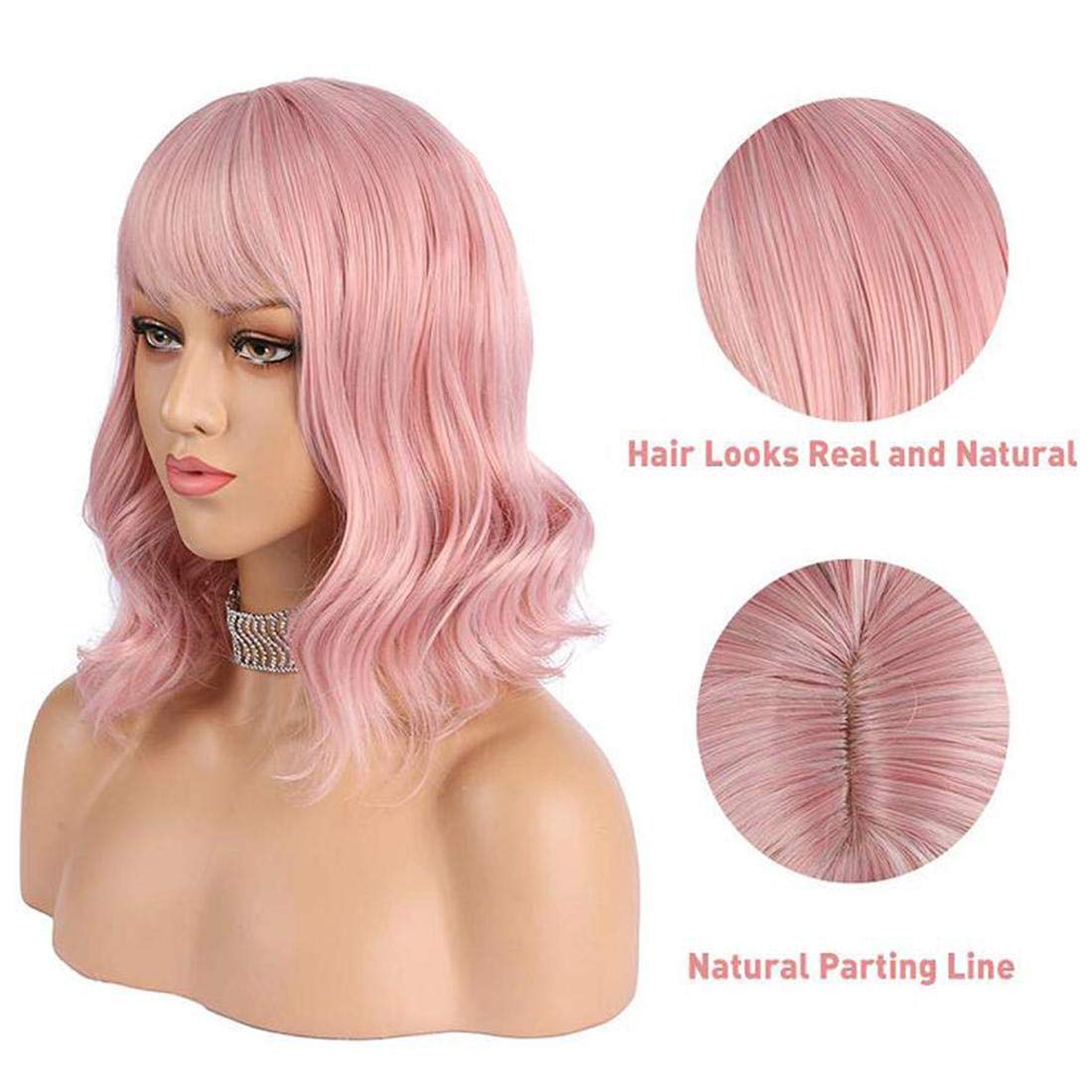 Wavy Wig With Bangs Short Bob Purple Wig for Women Shoulder Length Curly Wavy Synthetic Cosplay Wig for Girl Pastel Colorful Costume Wigs Adjustable Strap Not Slip Off Realistic Nice Looking-1