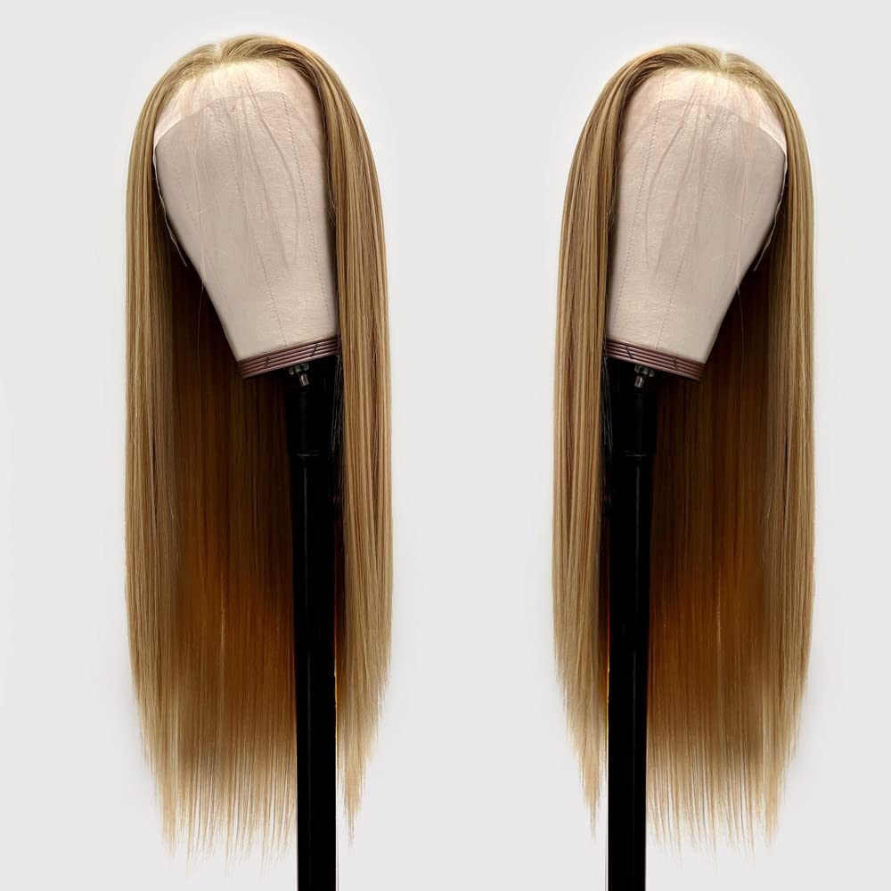 13×3 Glueless Lace Front Wigs Heat Resistant Kanekalon Fiber Synthetic Hair Real Natural Straight Wigs for Women-100% Stylish Blond Wigs (Color 103# Blonde 22 Inch)-0