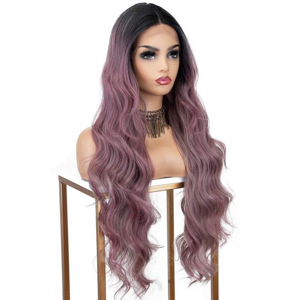 26 inch Ash Purple Lace Front Wig Ombre Black Roots Long Wavy Synthetic Wig with Deep Middle Parting Purple Ombre Wigs for Women-0