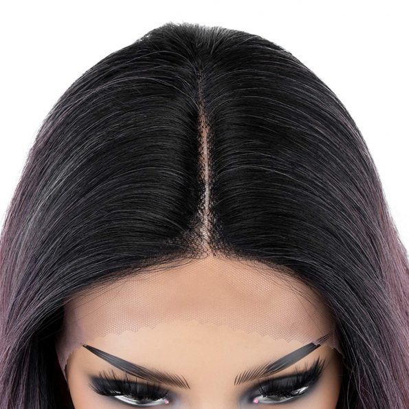 26 inch Ash Purple Lace Front Wig Ombre Black Roots Long Wavy Synthetic Wig with Deep Middle Parting Purple Ombre Wigs for Women-4