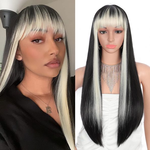 28 inches Women’s Silky Long Straight Black with Blonde Strips Wig Heat Resistant Synthetic Wig With Bangs Hair Wig for Women-0