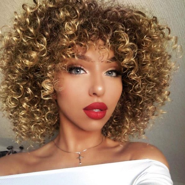 Afro Wigs For Black Women Short Kinky Curly Full Wigs Brown Mixed Blonde Synthetic Heat Resistant Wigs For African Women With Wig Cap-0