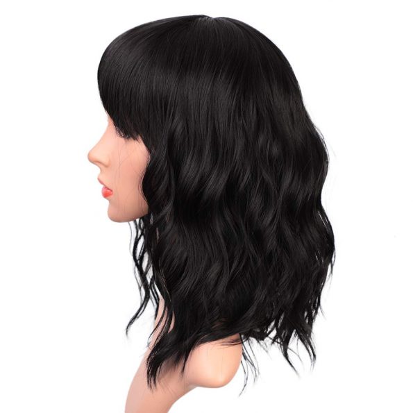 Black Wigs with Bangs for Women 14 Inches Synthetic Curly Bob Wig for Girl Natural Looking Wavy Wigs-2