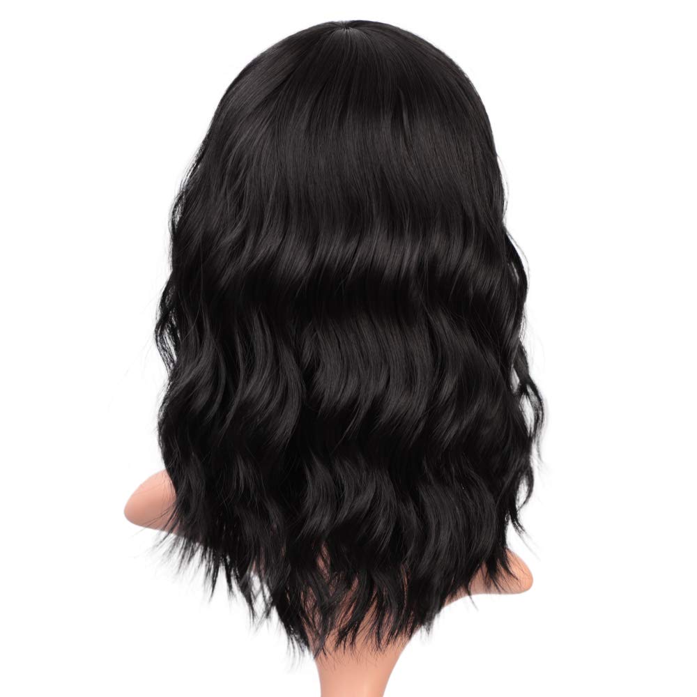 Black Wigs with Bangs for Women 14 Inches Synthetic Curly Bob Wig for Girl Natural Looking Wavy Wigs-0