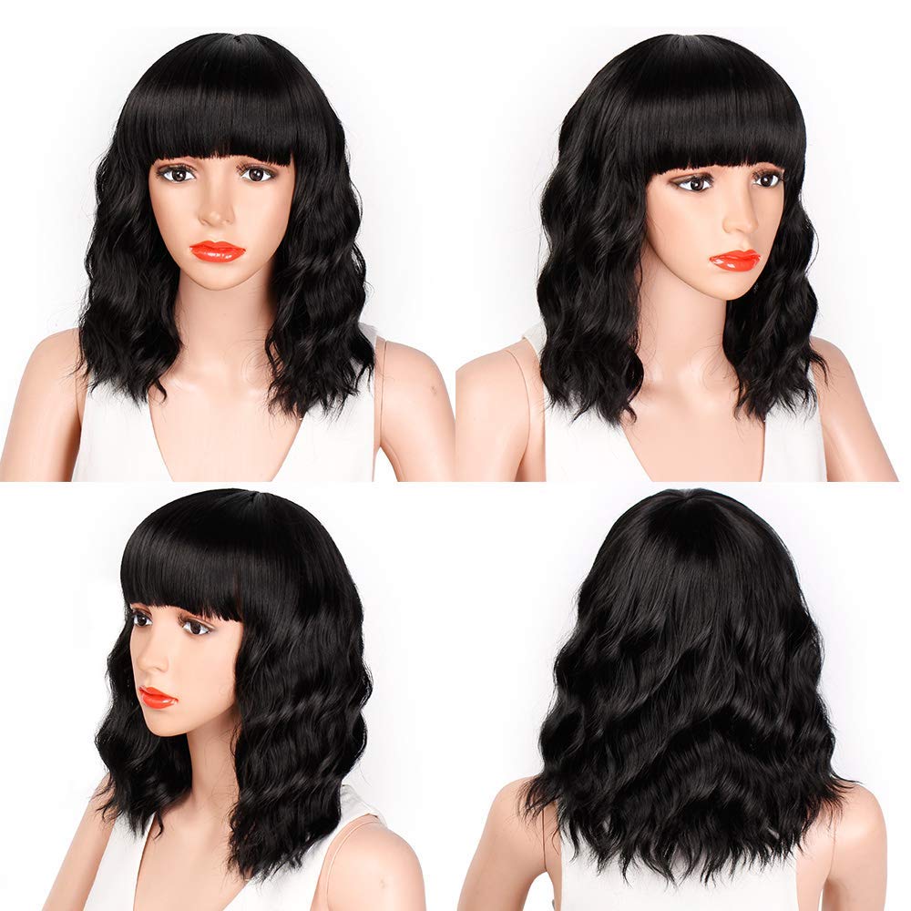 Bob Curly Wig Synthetic Short Black Wig with Bangs Natural Looking Heat Resistant Fiber Hair for Women-0