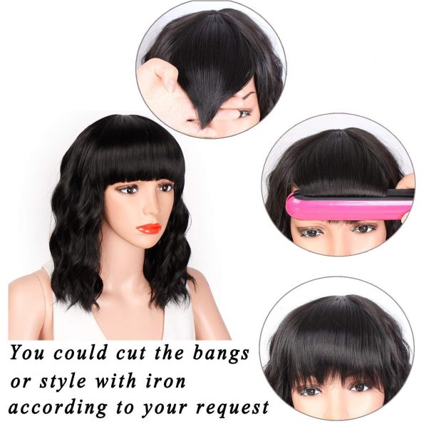 Bob Curly Wig Synthetic Short Black Wig with Bangs Natural Looking Heat Resistant Fiber Hair for Women-5