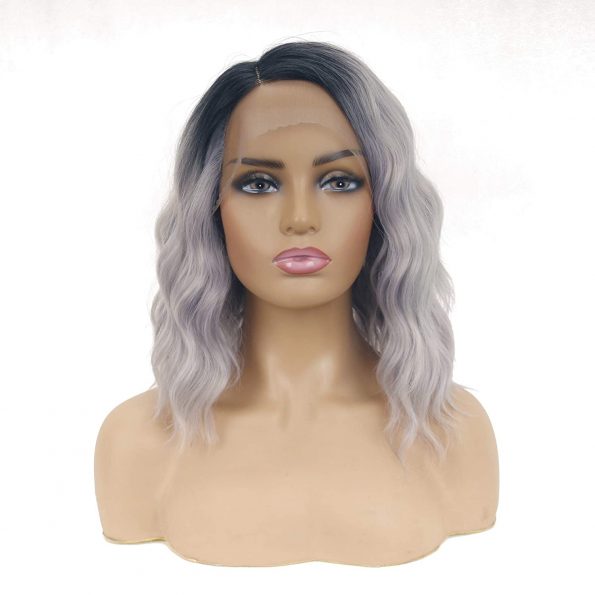 Dark Roots Ombre Lace Front Synthetic Wigs for Women, L Right Side Part 2 Tone Black to Gray Natural Hairline Hair Replacement Daily Wig-1