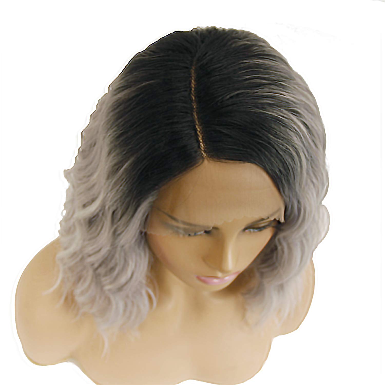 Dark Roots Ombre Lace Front Synthetic Wigs for Women, L Right Side Part 2 Tone Black to Gray Natural Hairline Hair Replacement Daily Wig-1