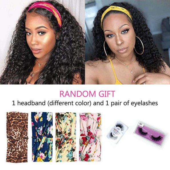 Deep Water Wave Headband Wig for Black Women Glueless None Lace Front Wigs Synthetic Curly Hair Wigs with Headband Attached 20inch 150% Density(Black）-3