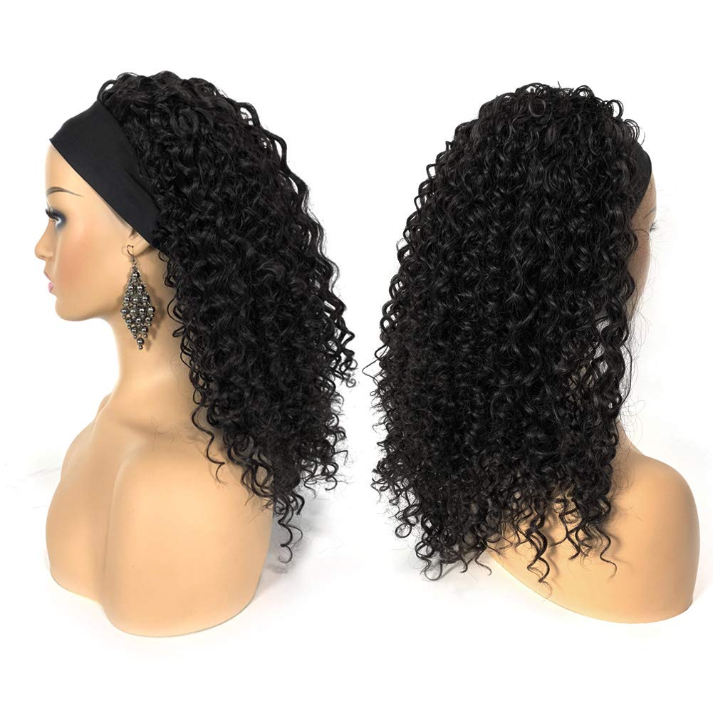 Deep Water Wave Headband Wig for Black Women Glueless None Lace Front Wigs Synthetic Curly Hair Wigs with Headband Attached 20inch 150% Density(Black）-0