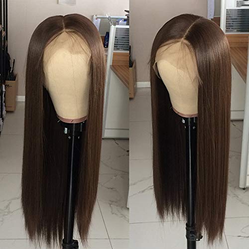 Glueless 13×3 Synthetic Lace Front Wigs Heat Resistant Fiber Long Straight Wig Real Natural Straight Wigs for Black Women-100% Stylish Brown Wigs (6# Brown 22 Inch)-2