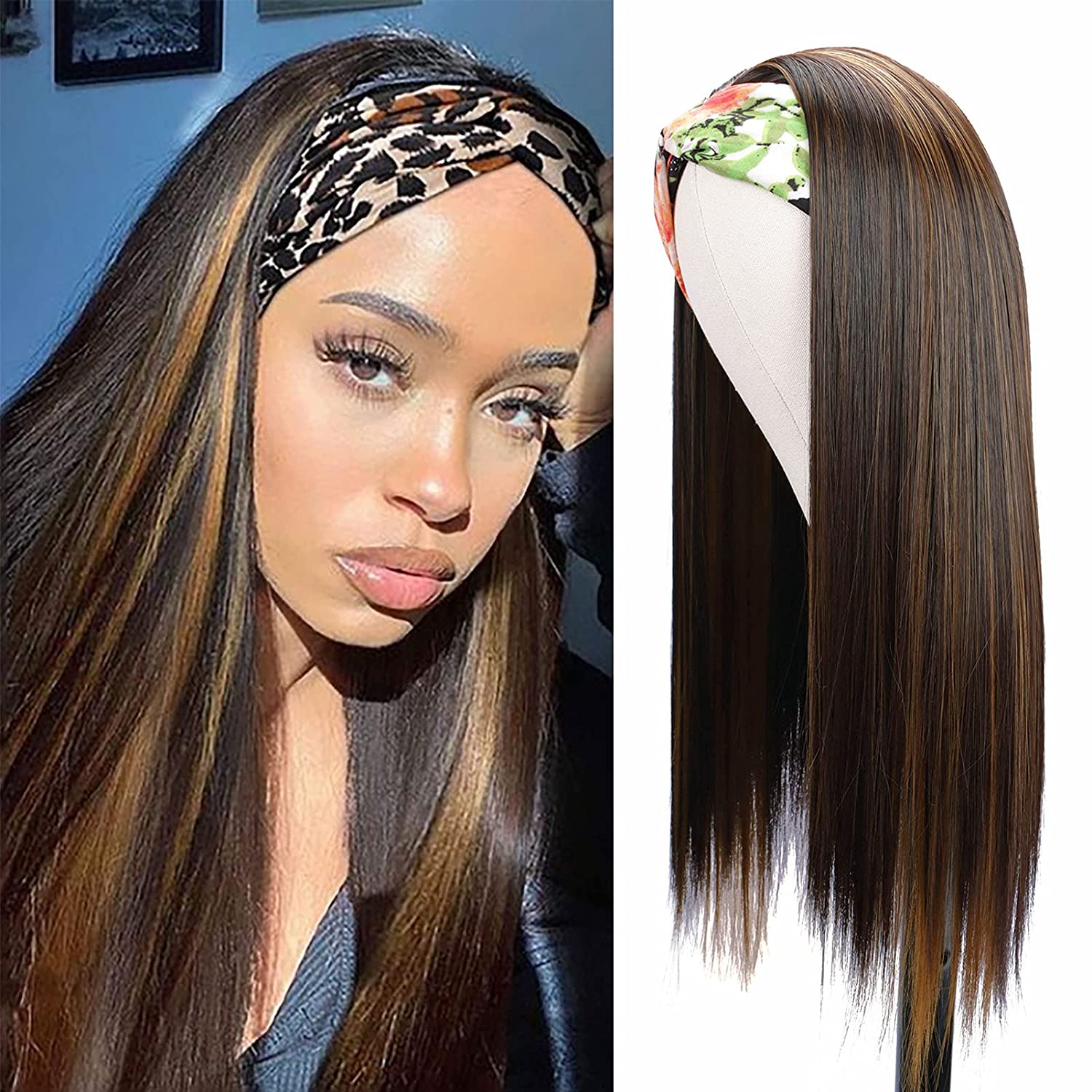 Long Straight Headband Wigs for Black Women 24 Inch Synthetic Headband Wig Highlights Straight Half Wigs Glueless Wigs with Headband Attached High Density(24_,HL6_3027)-0