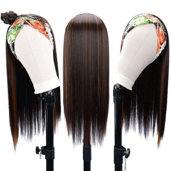 Long Straight Headband Wigs for Black Women 24 Inch Synthetic Headband Wig Highlights Straight Half Wigs Glueless Wigs with Headband Attached High Density(24_,HL6_3027)-5
