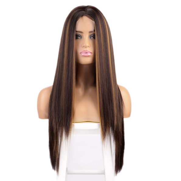 Long Straight Highlights Wig Synthetic Brown Mixed Blonde Color Highlights Wigs for Women Middle Part Brown Highlights lace wigs 28 Inches Natural Looking Heat Resistant Fiber-1