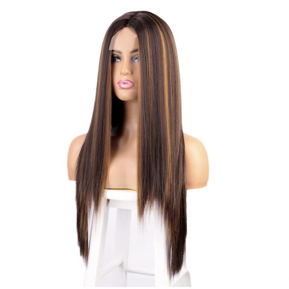Long Straight Highlights Wig Synthetic Brown Mixed Blonde Color Highlights Wigs for Women Middle Part Brown Highlights lace wigs 28 Inches Natural Looking Heat Resistant Fiber-2