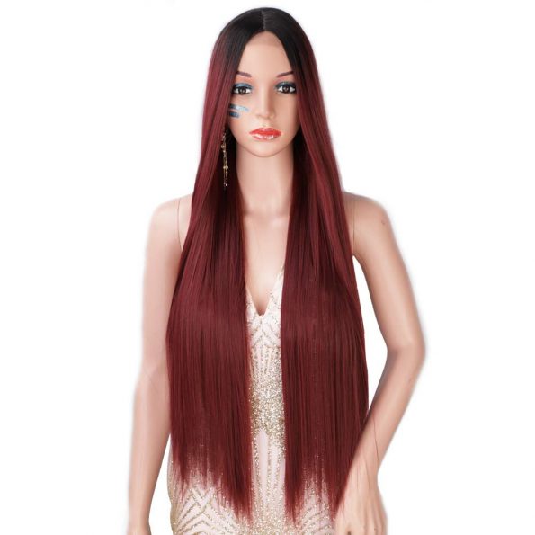 Long Straight Wigs Ombre Wine Red Burgundy Wigs for Women Natural Hairline Middle Part Long Synthetic Wigs (R2_118)-1