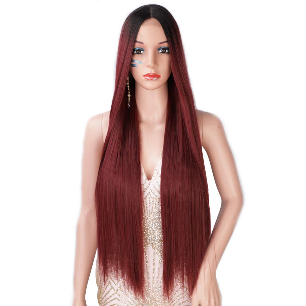 Long Straight Wigs Ombre Wine Red Burgundy Wigs for Women Natural Hairline Middle Part Long Synthetic Wigs (R2_118)-0