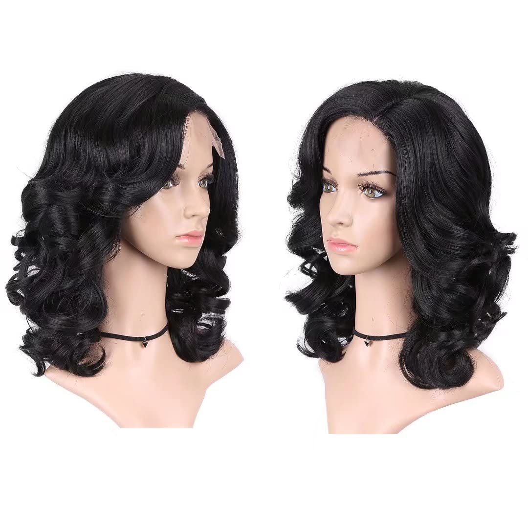 Loose Wave Lace Part Wig Pure Color Nature Curly Synthetic Heat Resistant Weave Full Wigs for Women(Black)-0