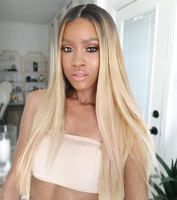 Mixed Blonde Long Synthetic Two Tone Dark Roots Blonde Straight Wig for Women Straight Middle Part Natural Long Hair Wigs Synthetic Full Wig for Daily Use 26 Inch (R2_27_613)-0