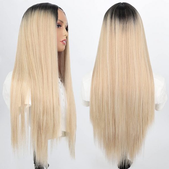 Mixed Blonde Long Synthetic Two Tone Dark Roots Blonde Straight Wig for Women Straight Middle Part Natural Long Hair Wigs Synthetic Full Wig for Daily Use 26 Inch (R2_27_613)-2