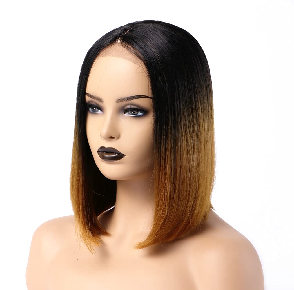 Short Bob Lace Front Wigs for Women Black Ombre Blonde Synthetic Straight Soft Hair Wig with Little Area Lace in Middle Part for Daily Life (blonde to black)-0