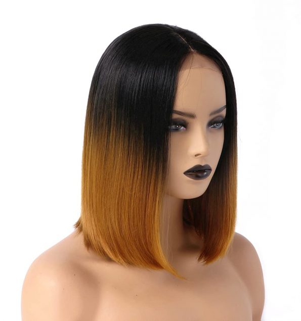 Short Bob Lace Front Wigs for Women Black Ombre Blonde Synthetic Straight Soft Hair Wig with Little Area Lace in Middle Part for Daily Life (blonde to black)-1