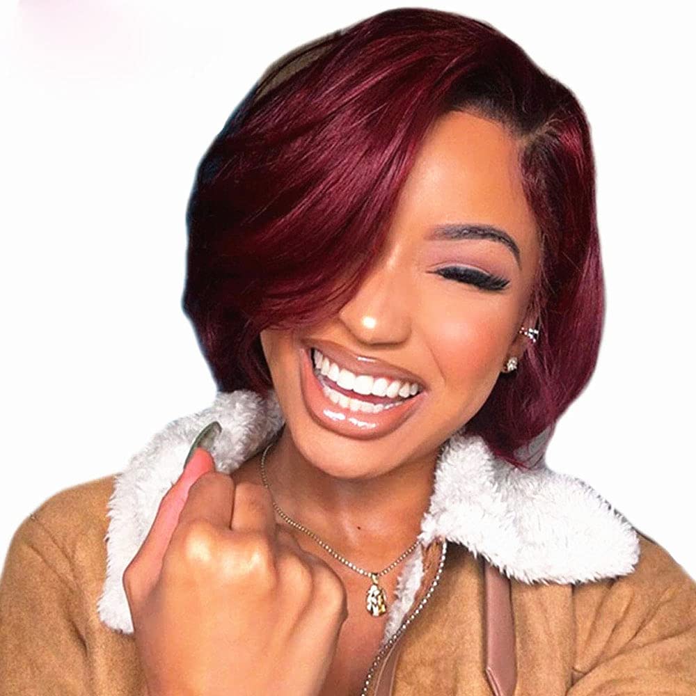 Short Bob Lace Front Wigs for Women Glueless 13x4x1 inch Lace Front Wig Synthetic Wine Red Ombre Black Roots Wigs with Baby Hair 14 Inch Bob Lace Wig-3