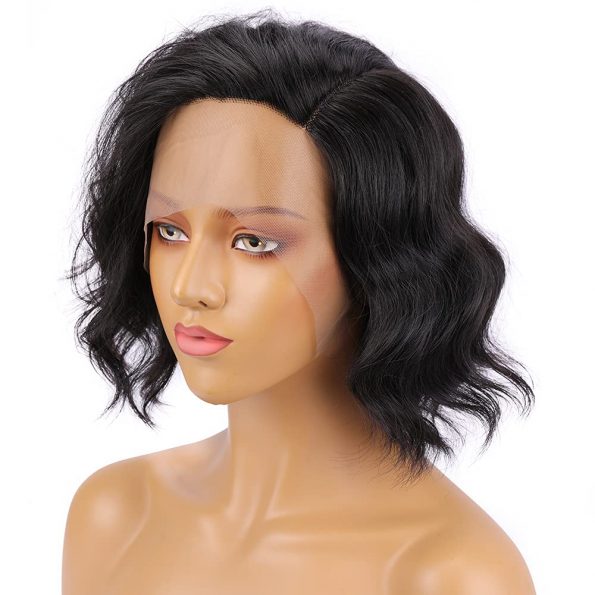 Short Bob Wavy Lace Front Wigs, 14 Inches Glueless Synthetic Body Wave T part pre-plucked Short Black Lace Wigs for Women Daily Use-0 (4)